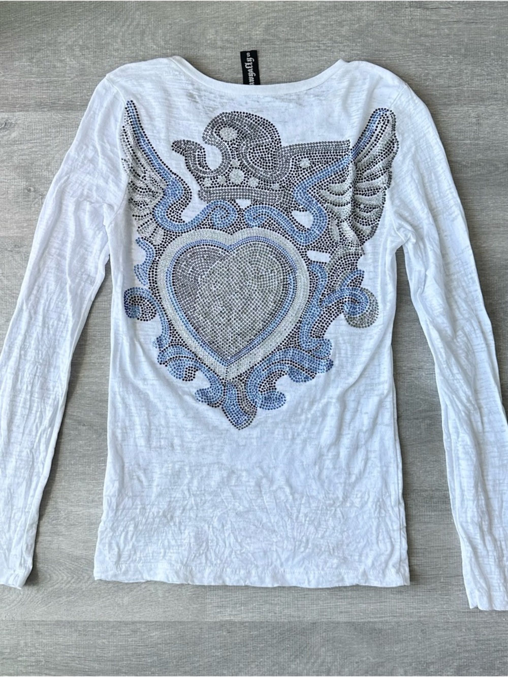 VINTAGE USA Rawyalty Rhinestone Eagle Winged Heart Burnout Top Y2K